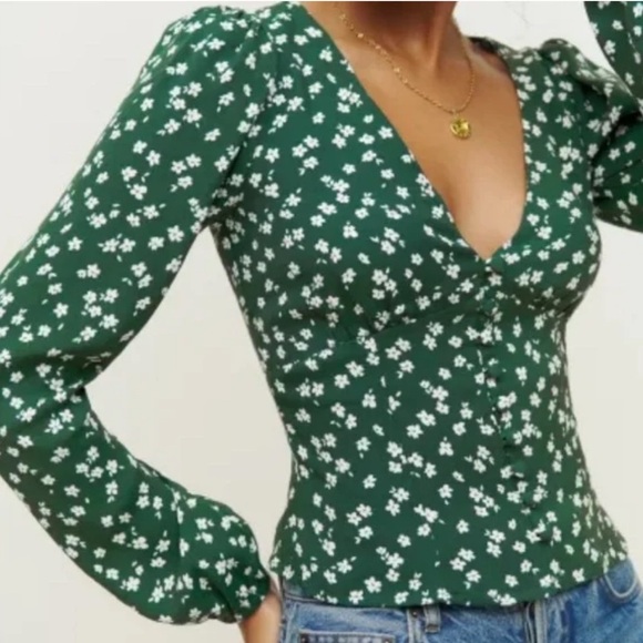 Reformation Green With Cream Flowers “Nell” Top Size Small - Picture 4 of 12
